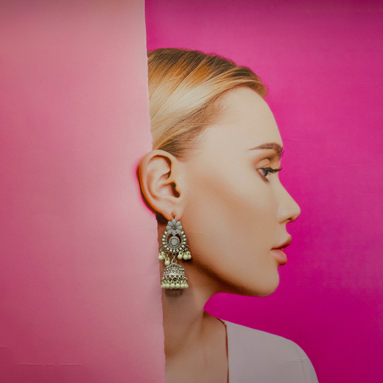 Floral Dome Jhumka Earrings with Rhinestones & Beads