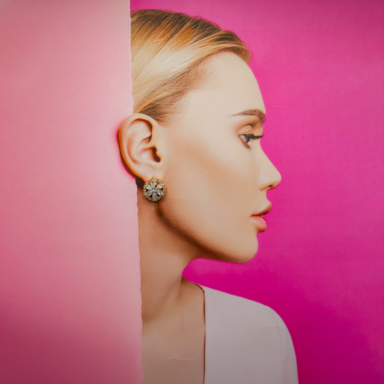 Floral Round-Top Earrings with Rhinestone Accents