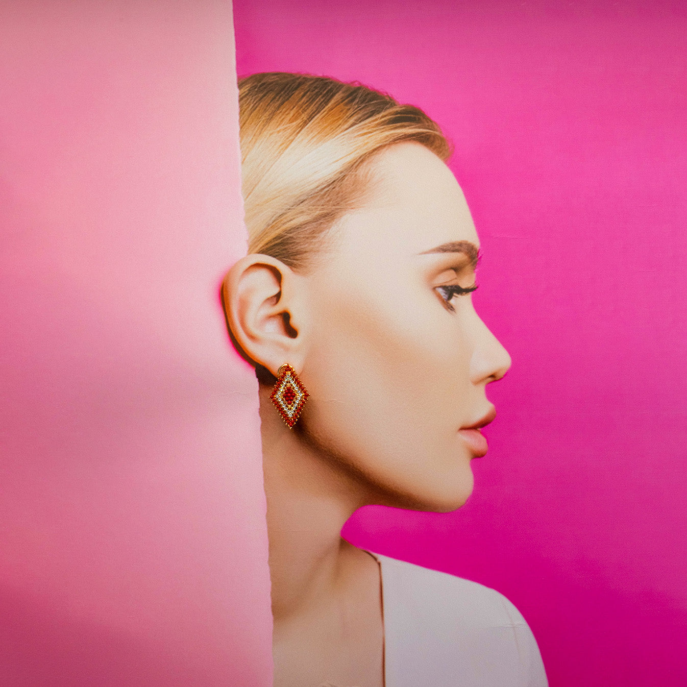 Diamond-Structured Beaded Earrings with Rhinestone Accents