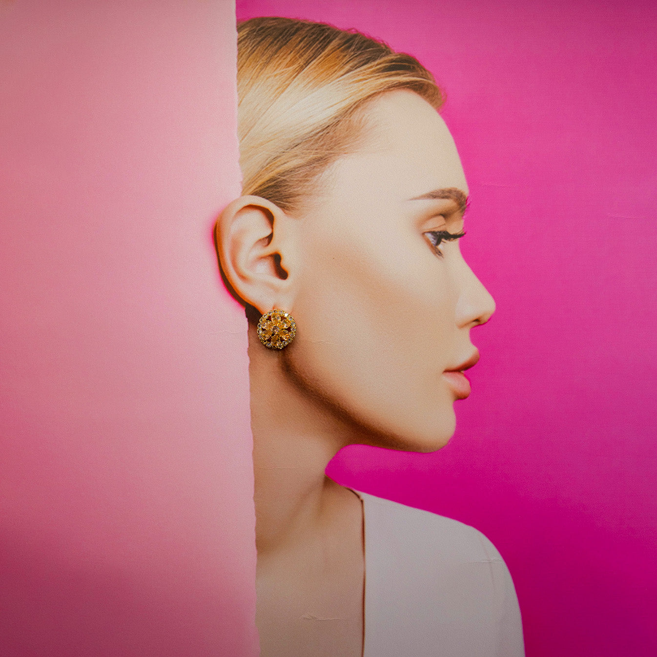 Floral Round-Top Earrings with Rhinestone Accents