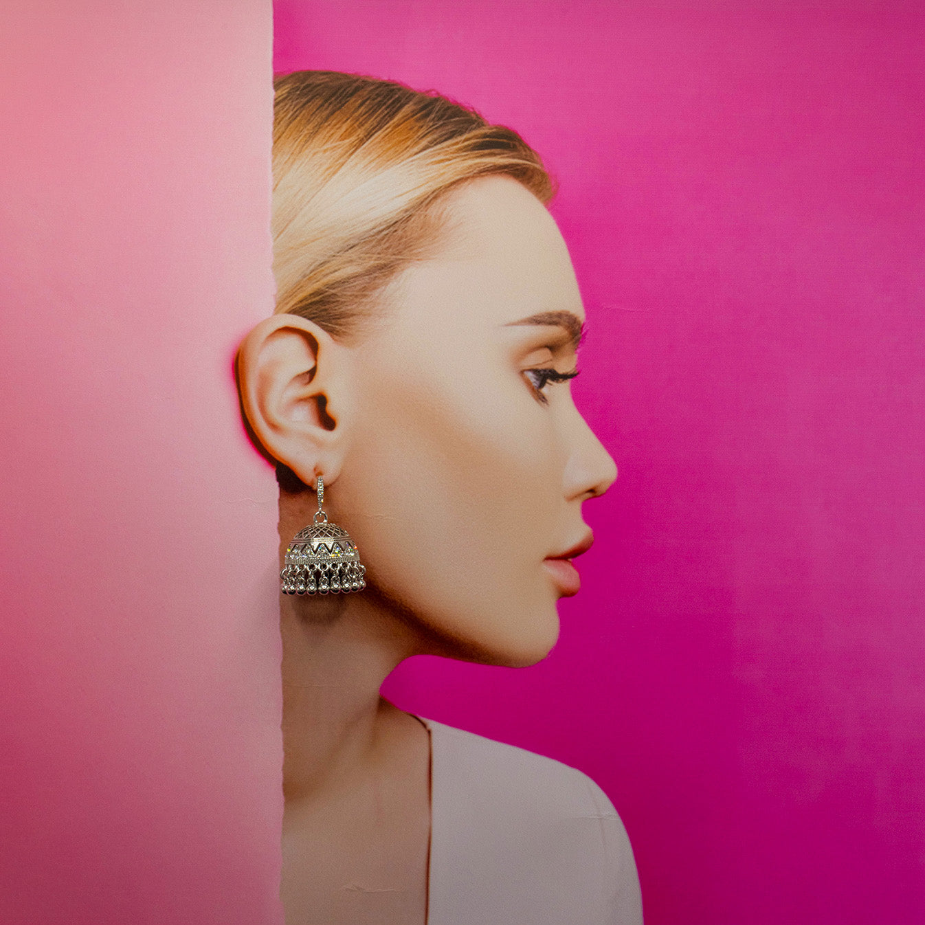 Hook-Shaped Dome Earrings with Pyramid Rhinestone Detailing